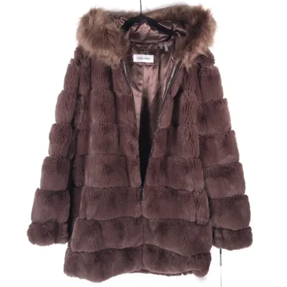 NWT Calvin Klein Hooded Faux Fur Super Soft Jacket‎ Full Zip Size MEDIUM